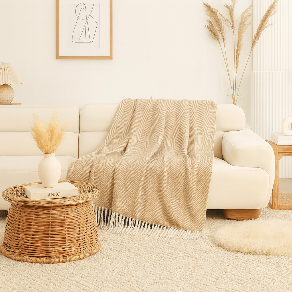 Camel Herringbone Fringed Throw Blanket – 50" x 60"