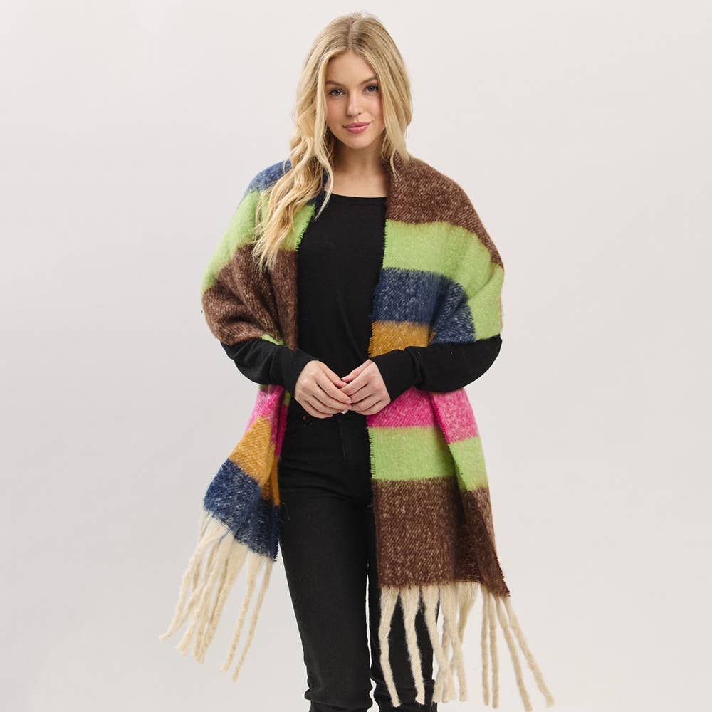 Multi Color Striped Brushed Fringe Blanket Scarf