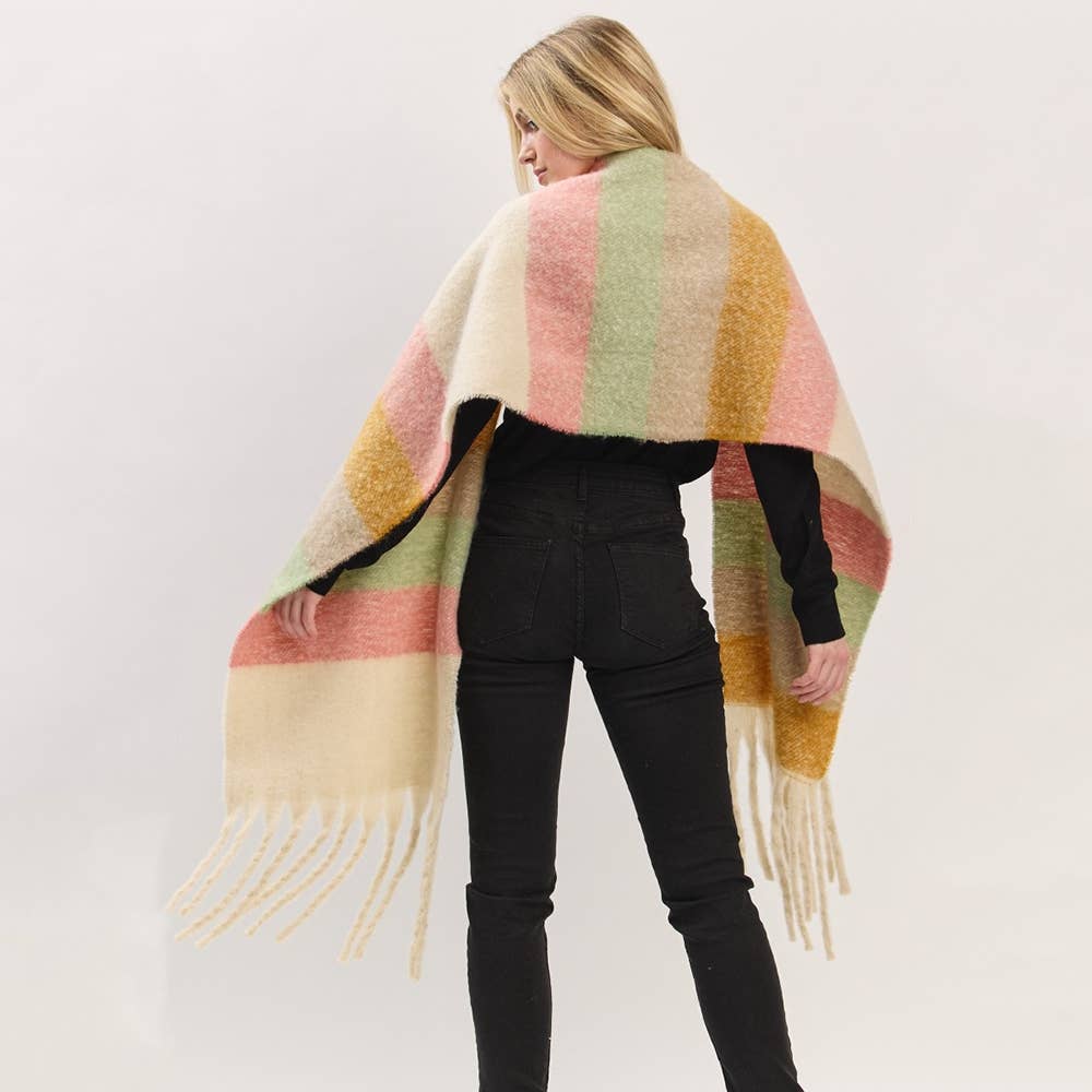 Multi Color Striped Brushed Fringe Blanket Scarf