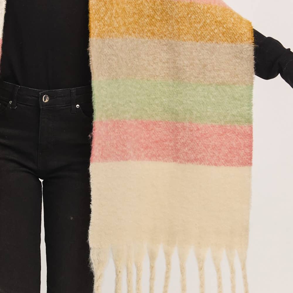 Multi Color Striped Brushed Fringe Blanket Scarf