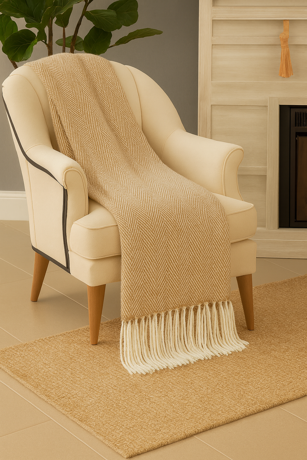 Camel Herringbone Fringed Throw Blanket – 50" x 60"