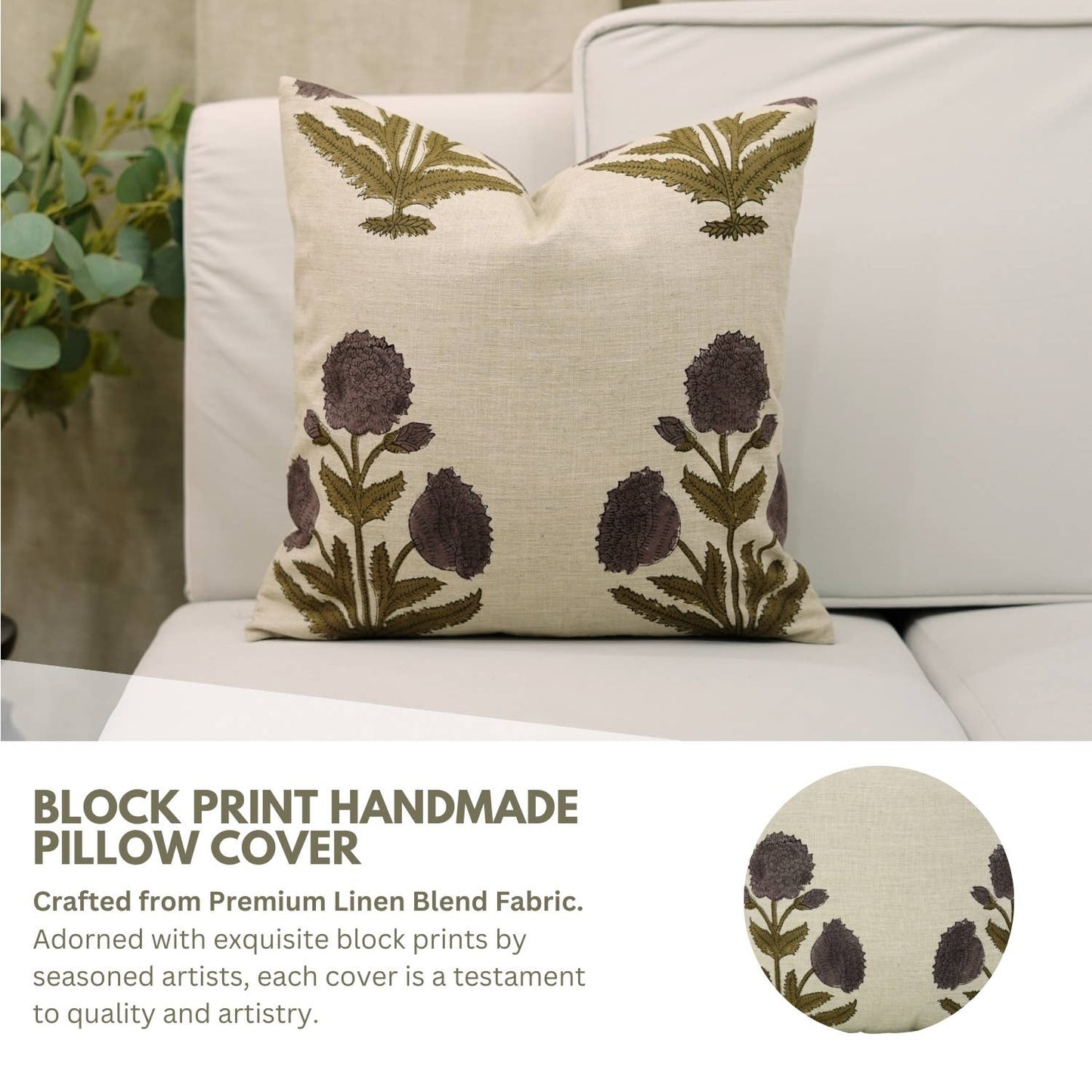 Bold Crafted Block Print Linen Blend Pillow Cover - Badshah 18" x 18"