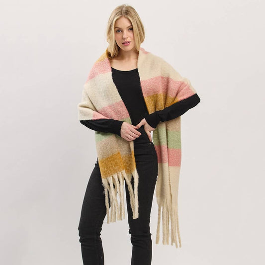 Multi Color Striped Brushed Fringe Blanket Scarf