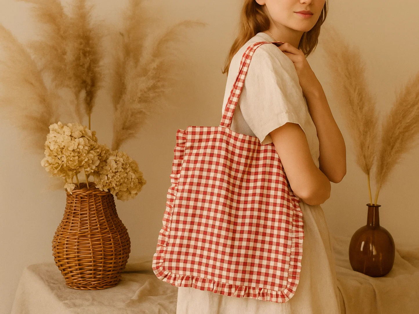 Check Ruffle Tote