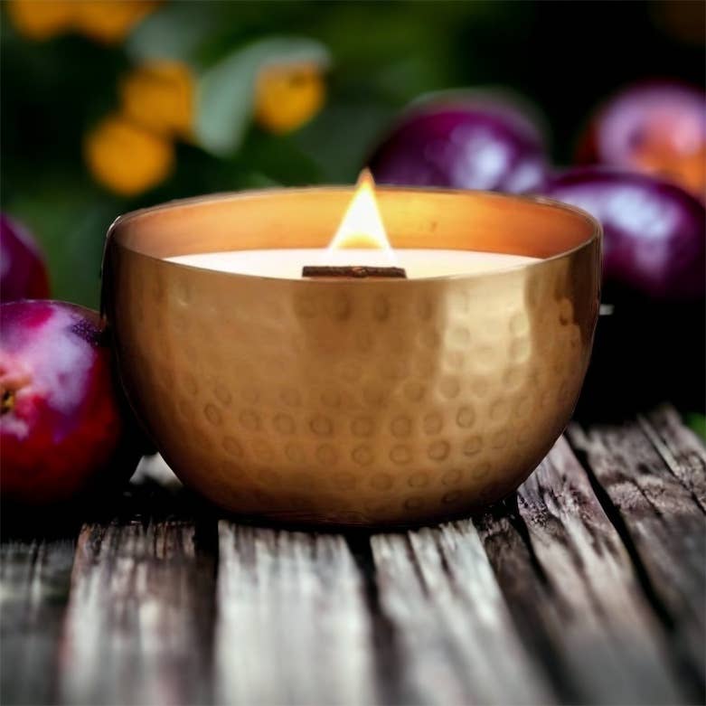 Hammered Brass Bowl Soy Candle - Woodland Plum & Amber