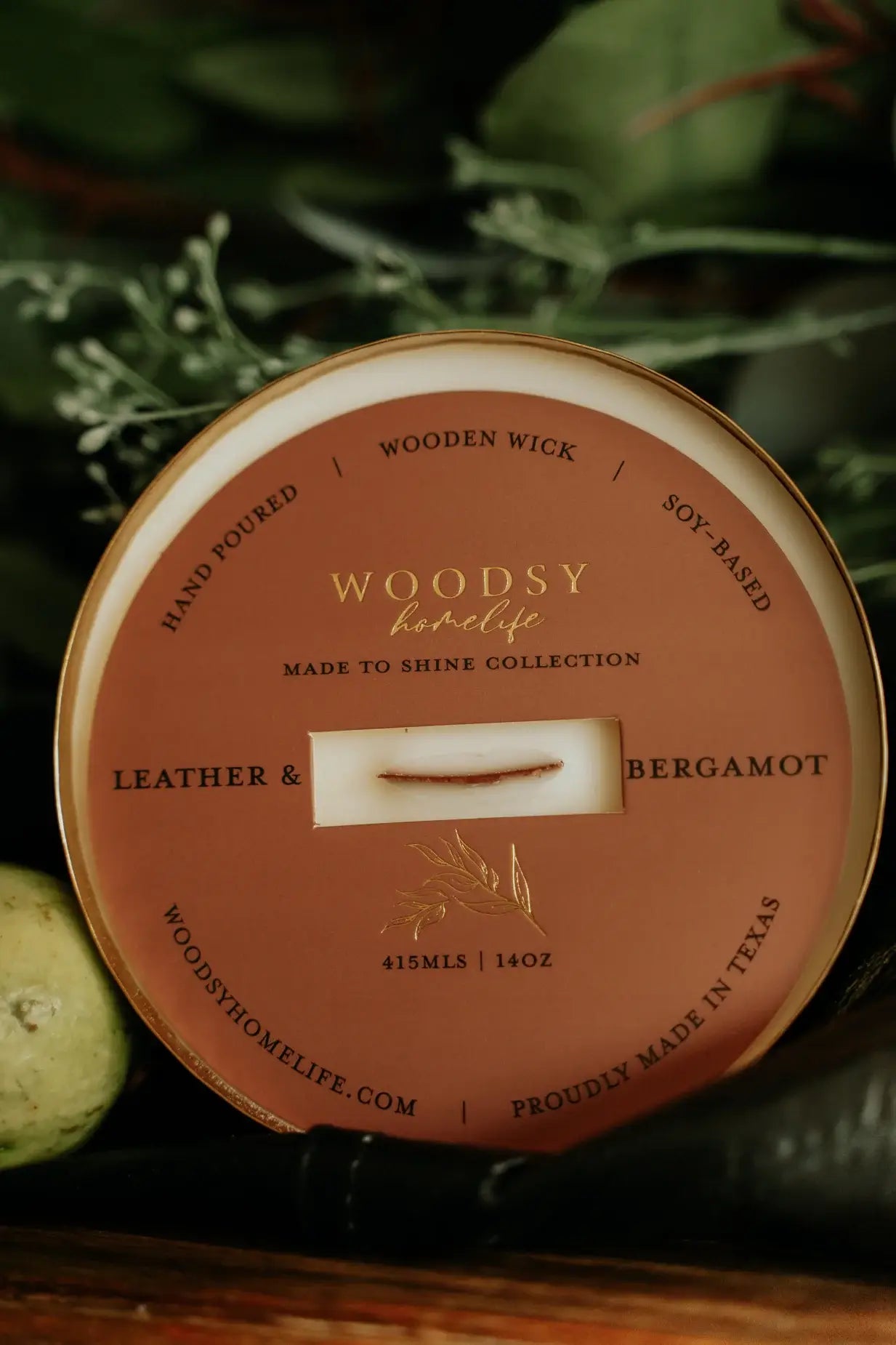 Leather & Bergamot  l  Solid Brass 14oz Pure Soy Candle