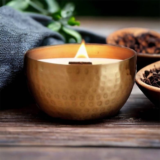 Hammered Brass Bowl Soy Candle - White Tea & Tobacco