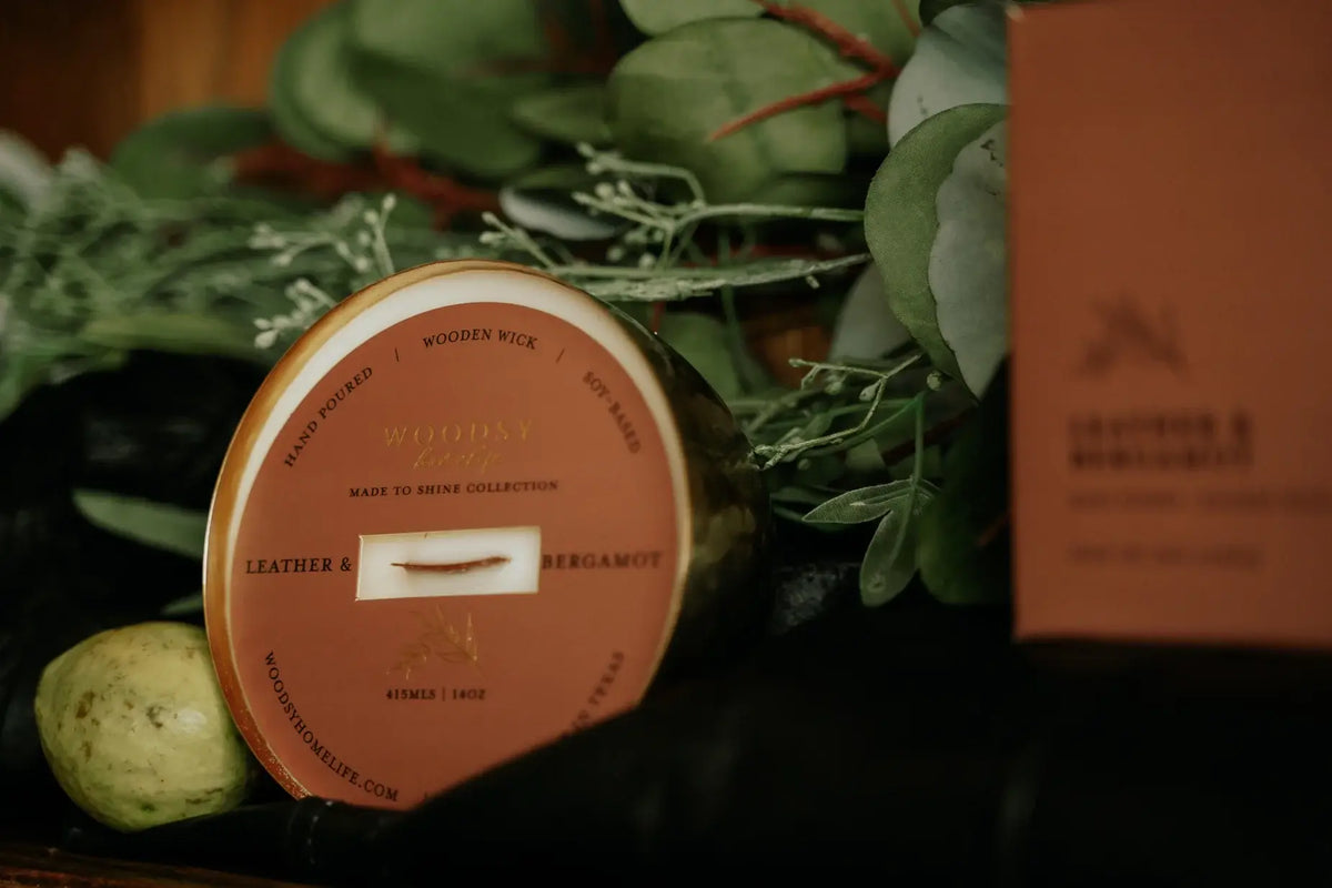 Leather & Bergamot  l  Solid Brass 14oz Pure Soy Candle