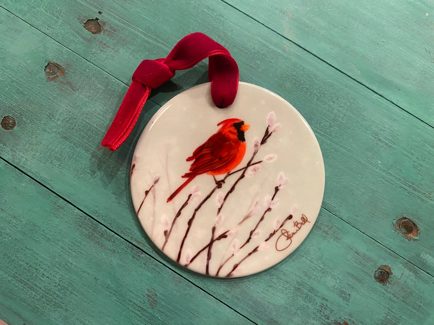 Ceramic Red Cardinal Art Christmas Ornament
