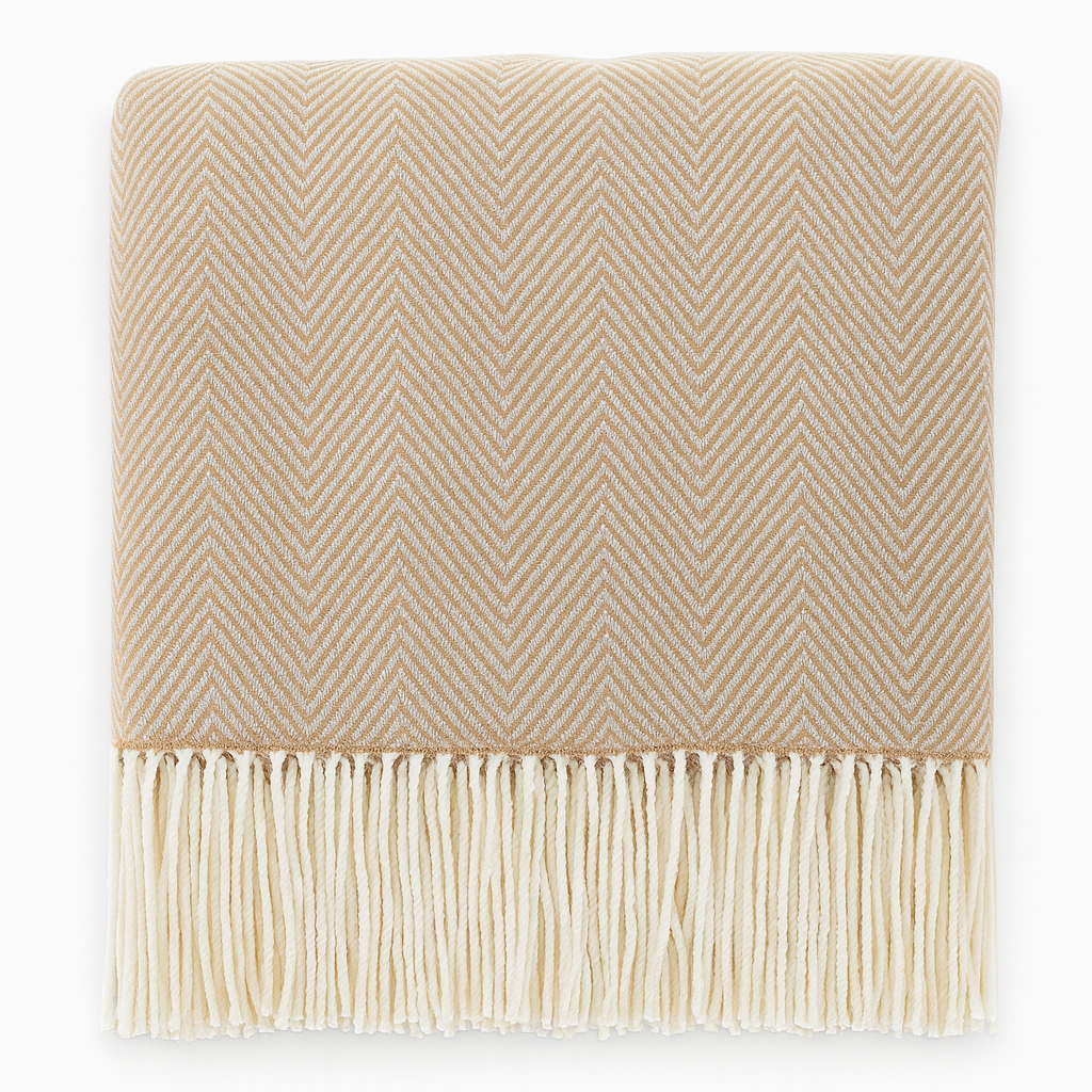Camel Herringbone Fringed Throw Blanket – 50" x 60"