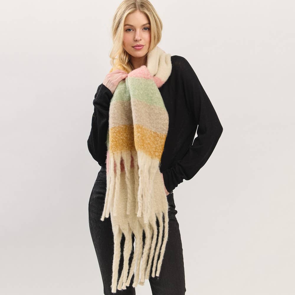 Multi Color Striped Brushed Fringe Blanket Scarf