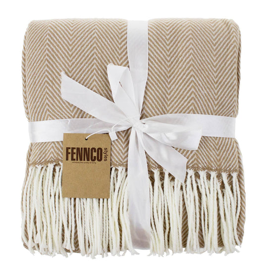 Camel Herringbone Fringed Throw Blanket – 50" x 60"