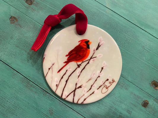 Ceramic Red Cardinal Art Christmas Ornament