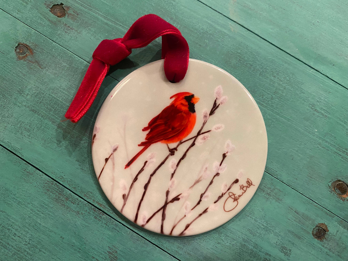 Ceramic Red Cardinal Art Christmas Ornament